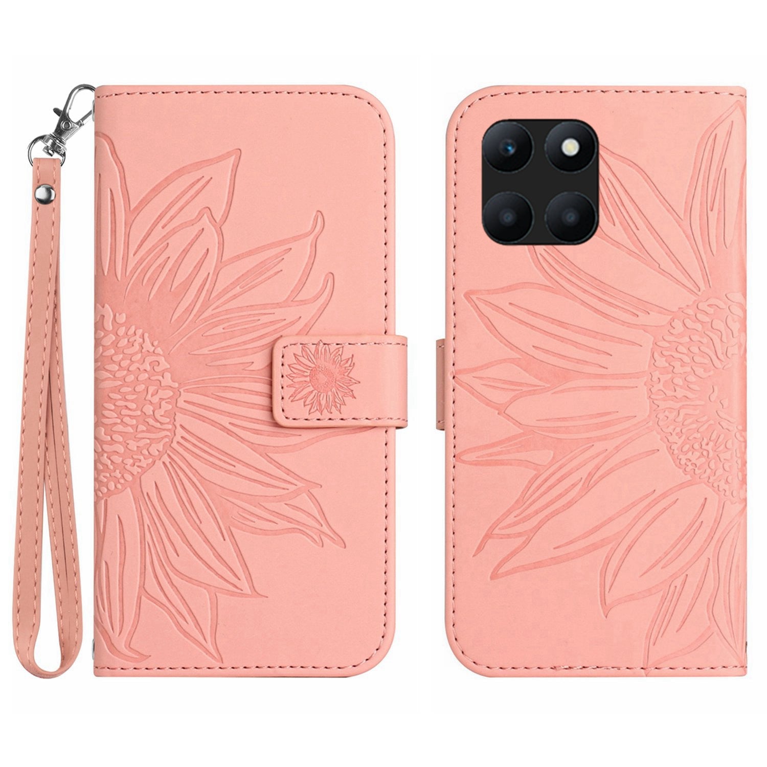 HT04 For Honor X8b 4G PU Leather Phone Case Wrist Strap Sunflower Pattern Cover - Light Pink HT04 For Honor X8b 4G PU Leather Phone Case Wrist Strap Sunflower Pattern Cover - Light Pink